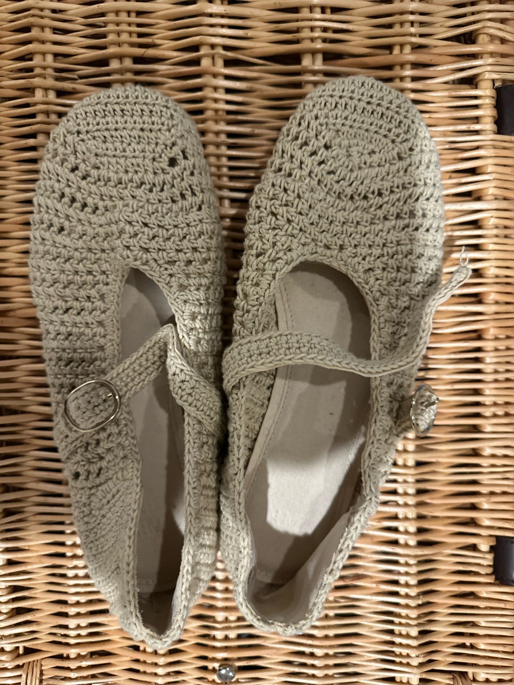 Zara Crochet Mary Jane Flats in Light Sage Sz 36